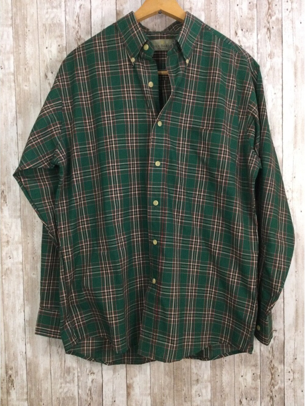 VTG Bill Blass Mens Green Red Plaid Check Long Sleeve Shirt Size Large Noreaster